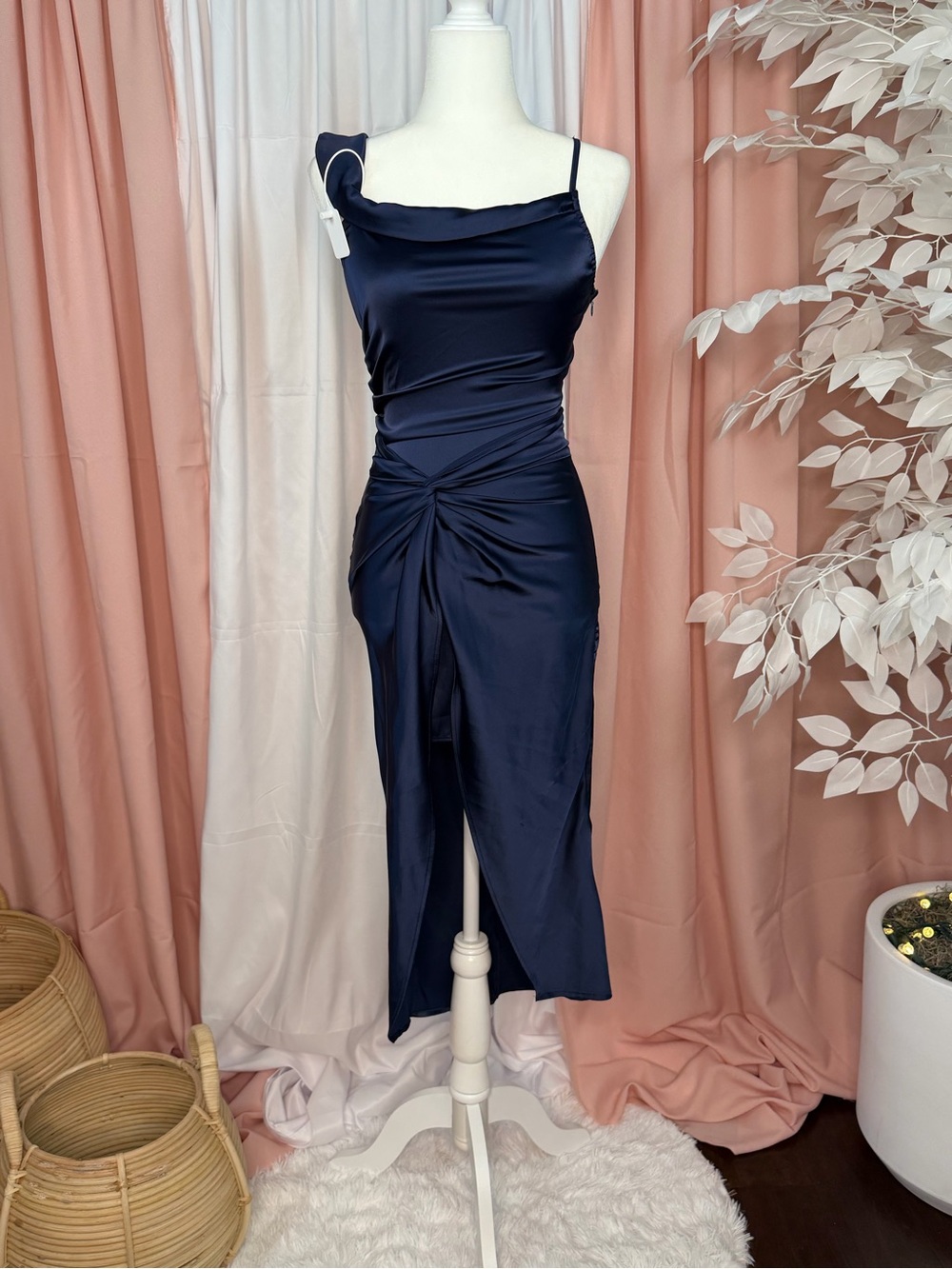 SHEIN Navy Satin One-Shoulder Knot Midi Dress